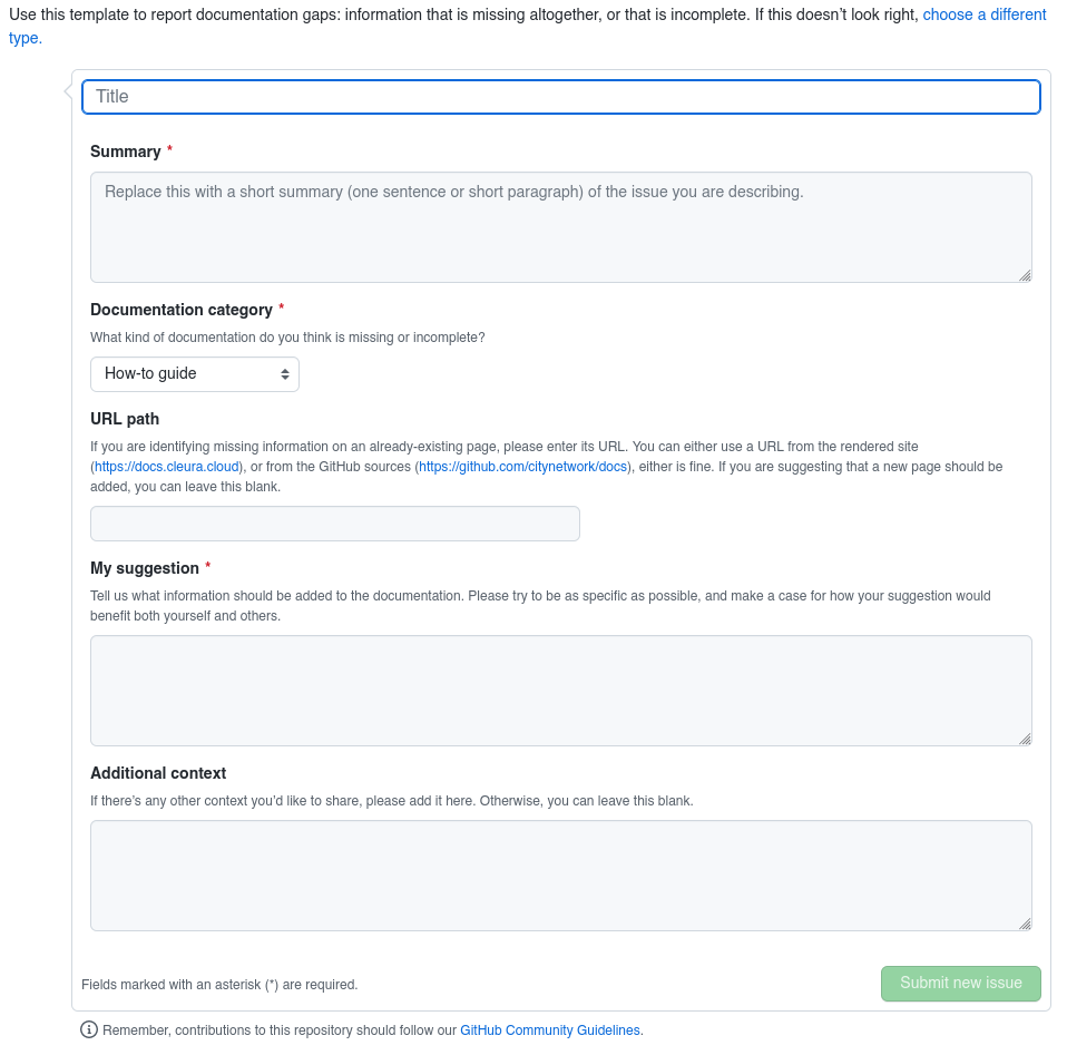 GitHub "New issue" form for the "Missing or incomplete documentation" issue type