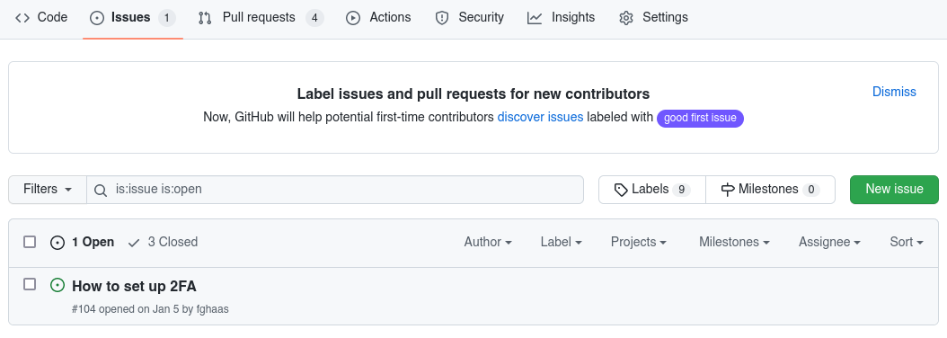 GitHub issues list with the "New issue" button shown in green