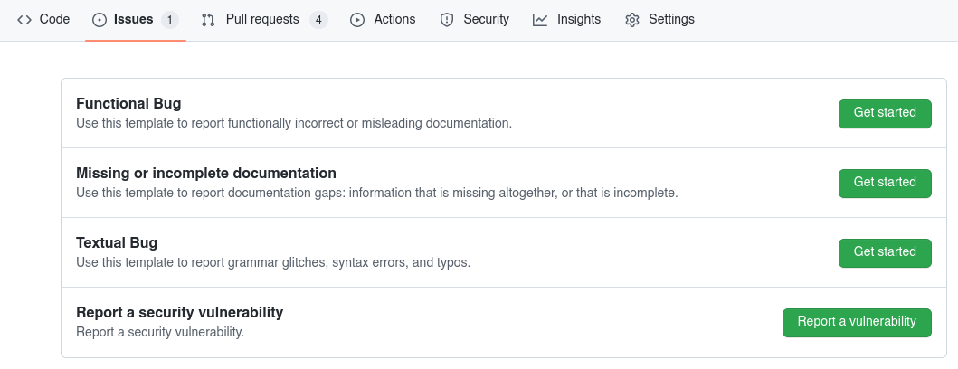 GitHub "New issue" selection showing different types of issues