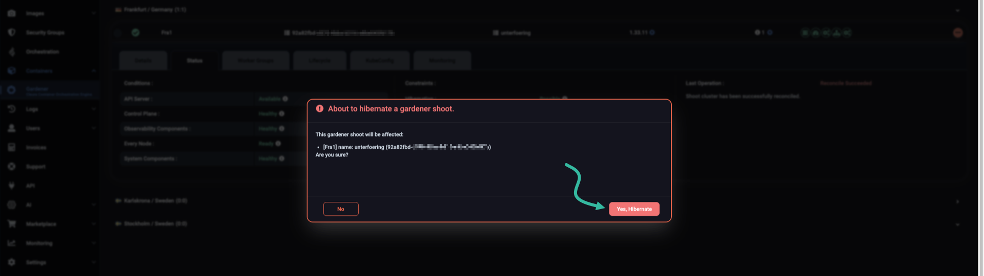 Confirm cluster hibernation