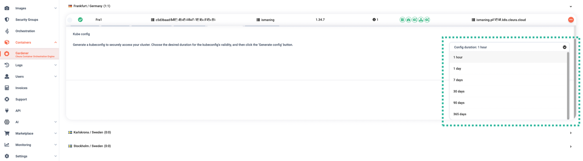 Select a validity period for kubeconfig