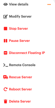 A list of server actions, with the line "Rescue Server"
highlighted.