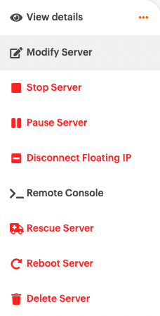 A list of server actions, with the line "Modify Server"
highlighted.