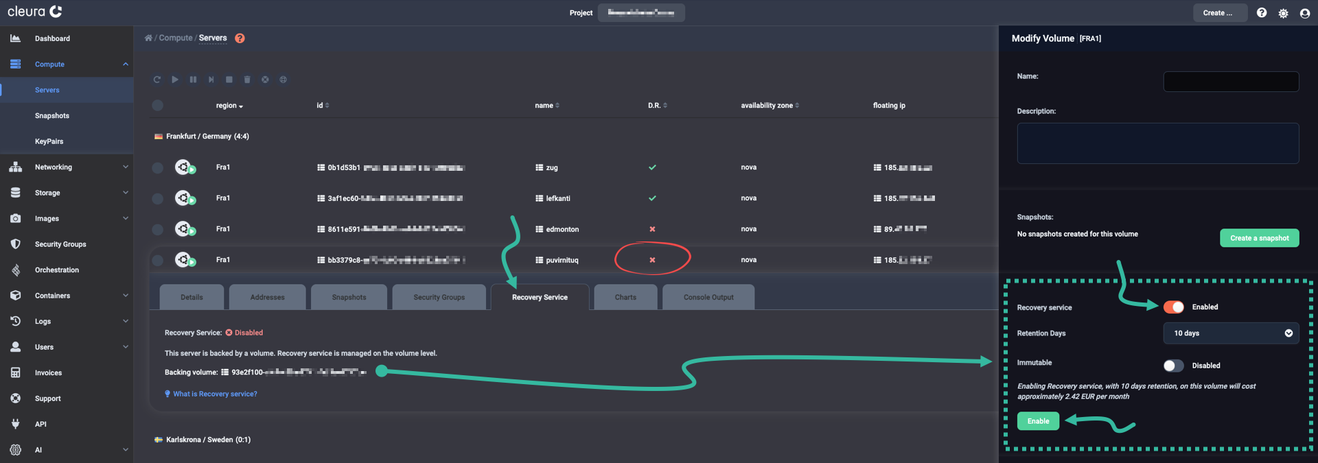 The recovery service feature can be manually activated for any server