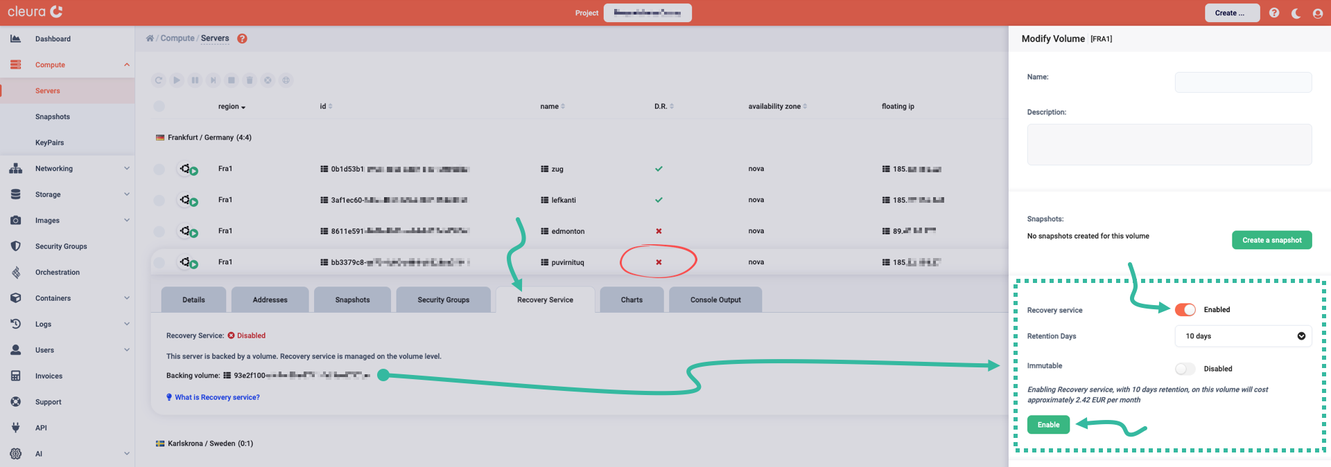 The recovery service feature can be manually activated for any server