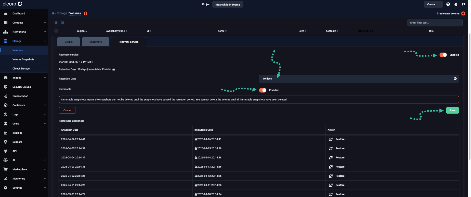 Recovery service, retention period, and immutability controls