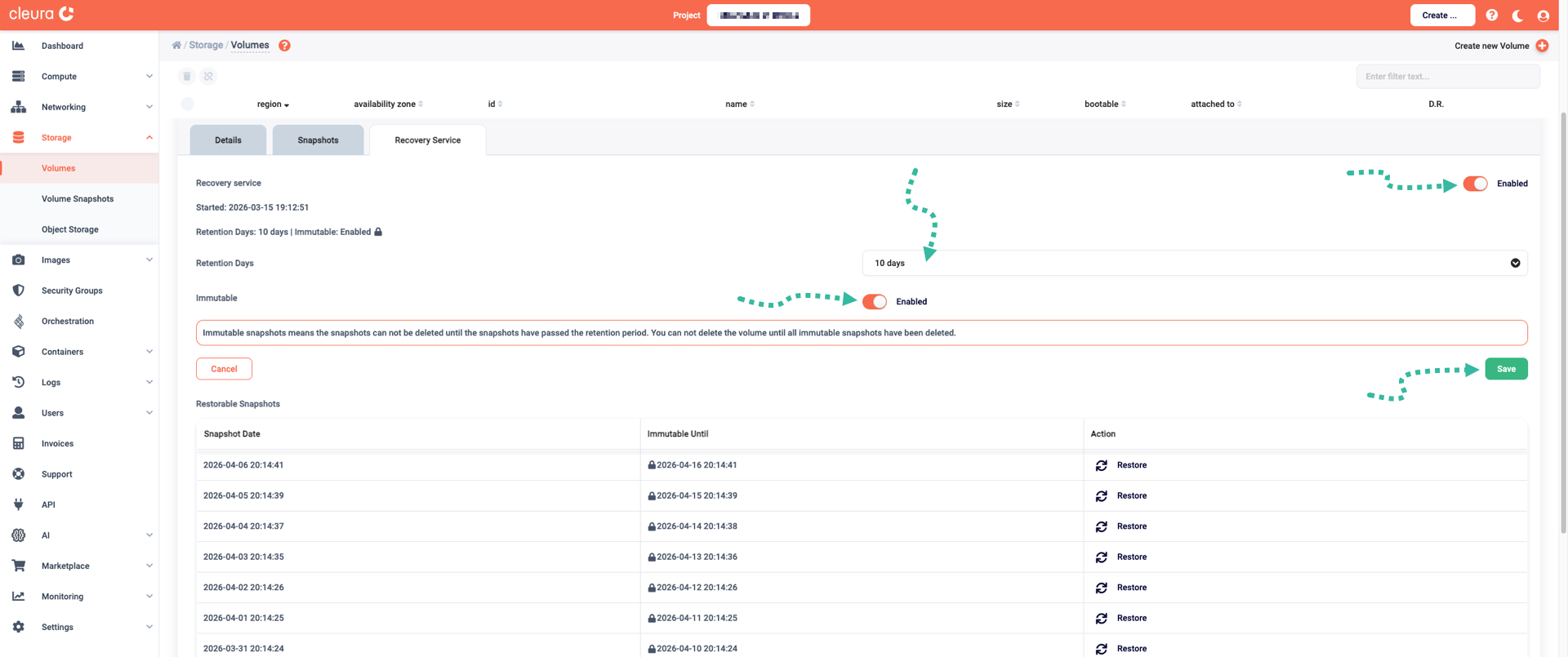 Recovery service, retention period, and immutability controls