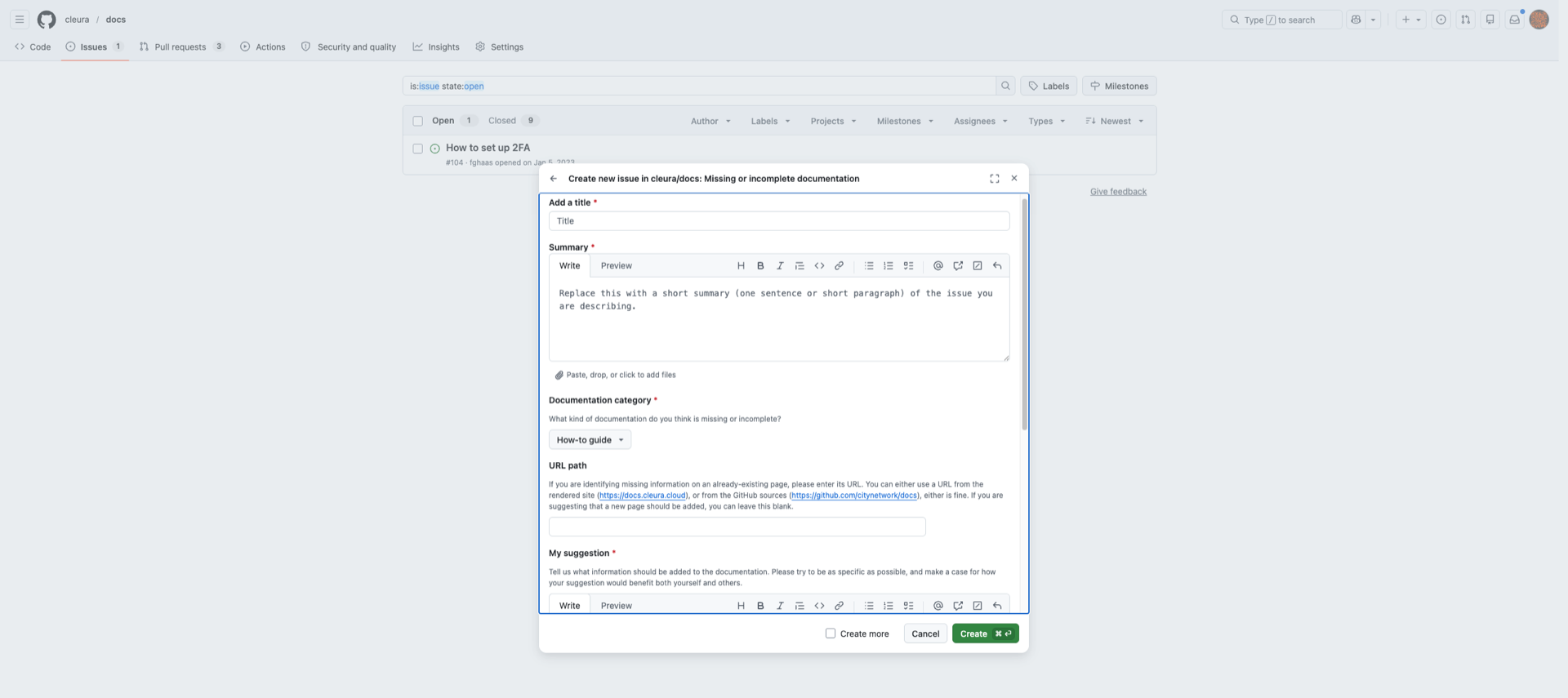 github "new issue" form for the "missing or incomplete documentation" issue type