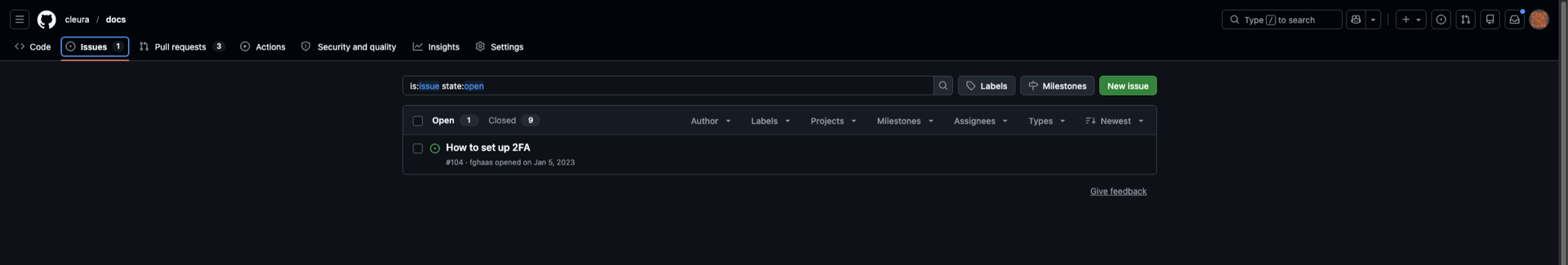 GitHub issues list with the "New issue" button shown in green