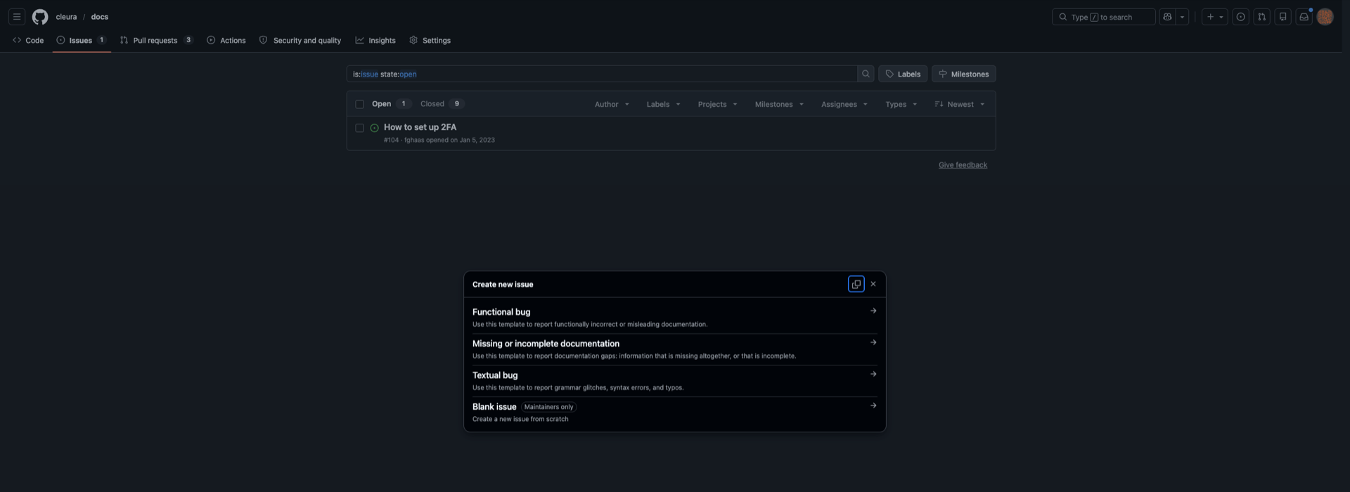 GitHub "New issue" selection showing different types of issues