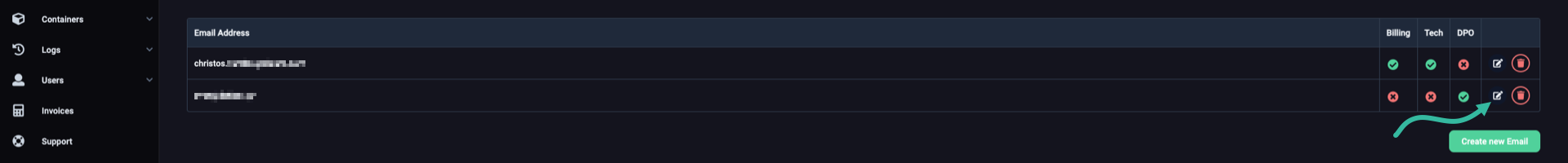 The 'Email Address' table with Modify buttons