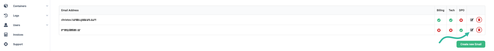 The 'Email Address' table with Modify buttons