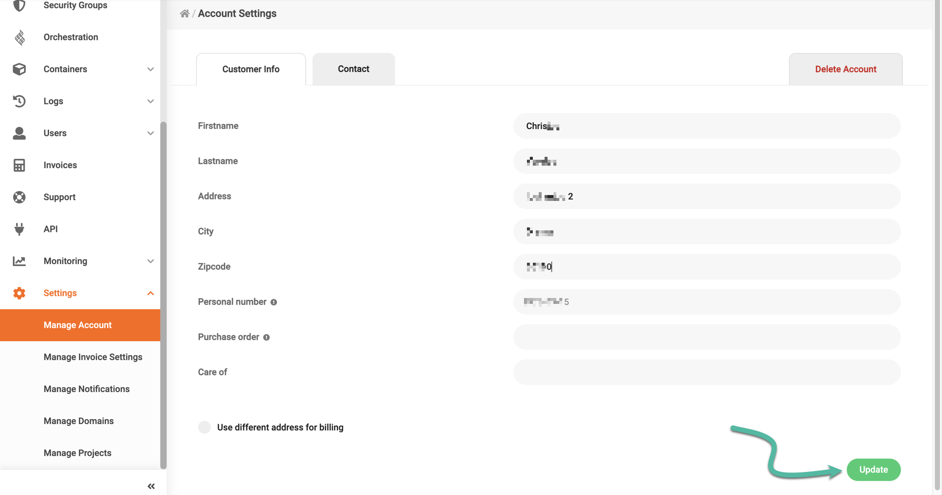 Customer Info tab