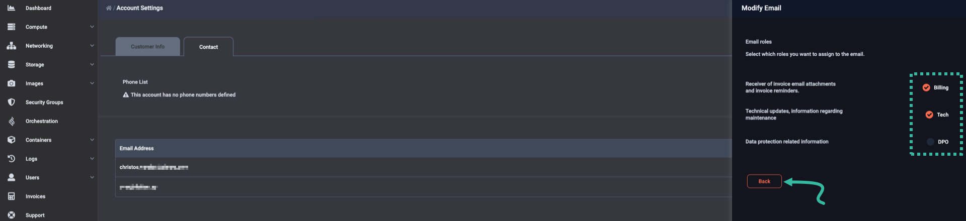 A 'Modify Email' dialog enabling you to select roles for a specific address