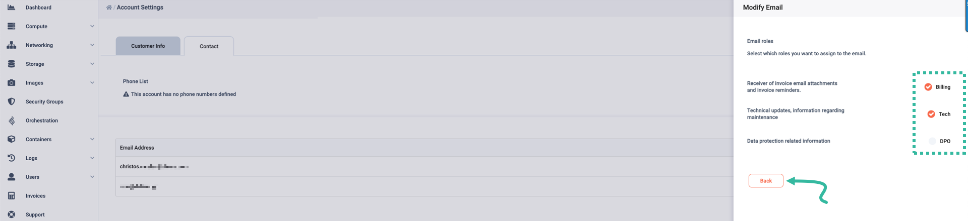 A 'Modify Email' dialog enabling you to select roles for a specific address