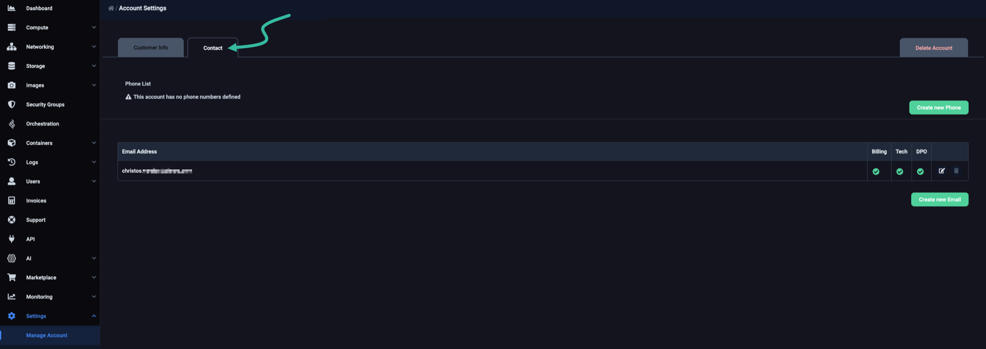 A 'Contact' tab with a 'Create new Email' button to add new a email address