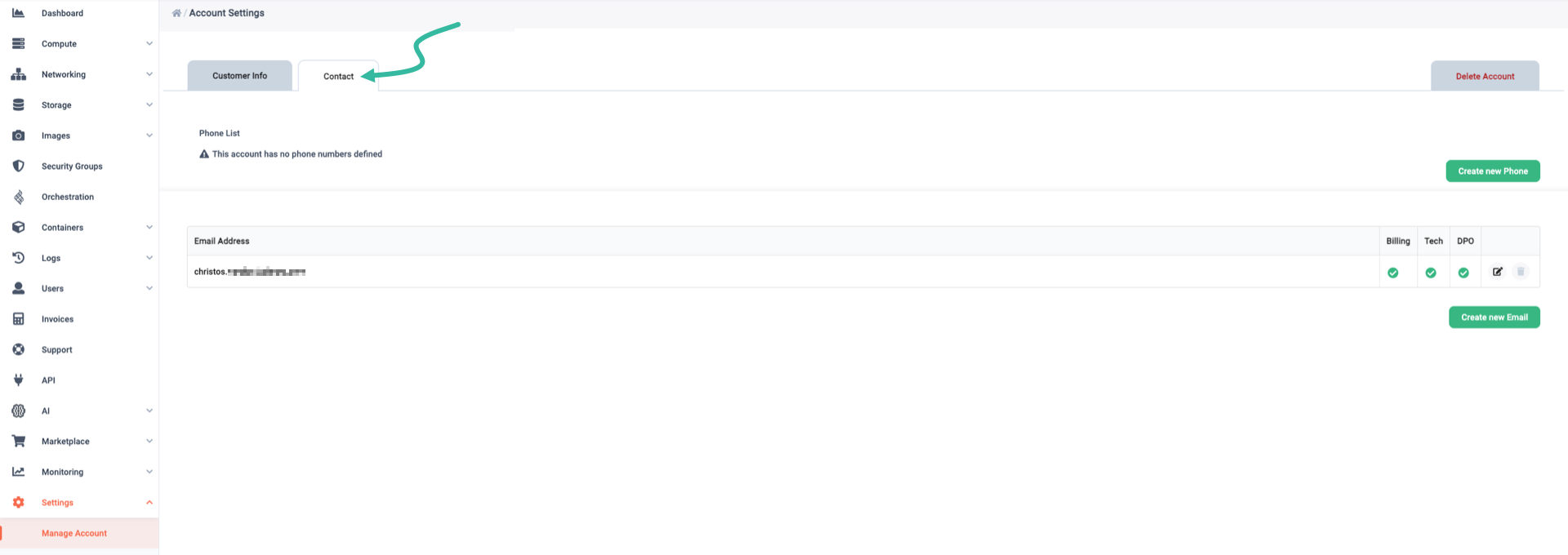 A 'Contact' tab with a 'Create new Email' button to add new a email address