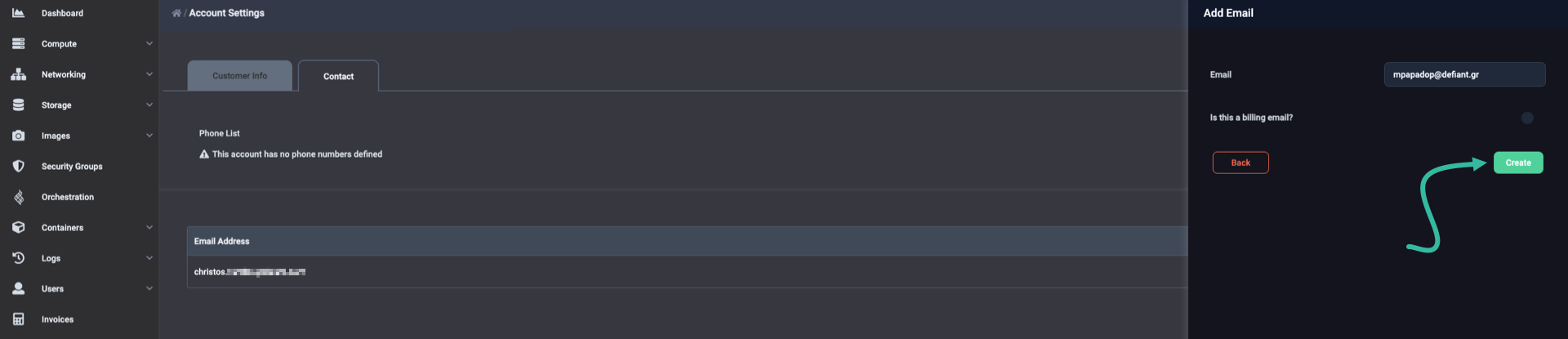 A table of email addresses with a 'Create new Email' button