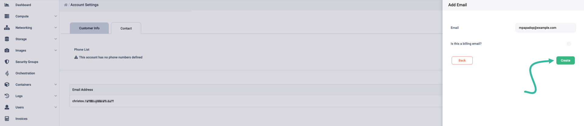 A table of email addresses with a 'Create new Email' button