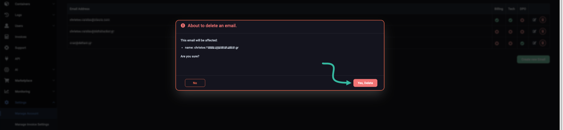 Pop-up window confirming email deletion