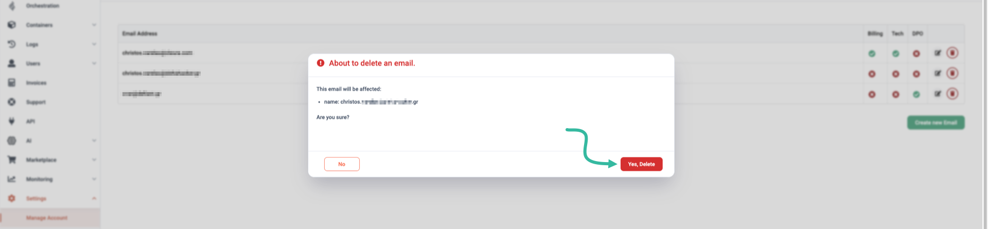 Pop-up window confirming email deletion