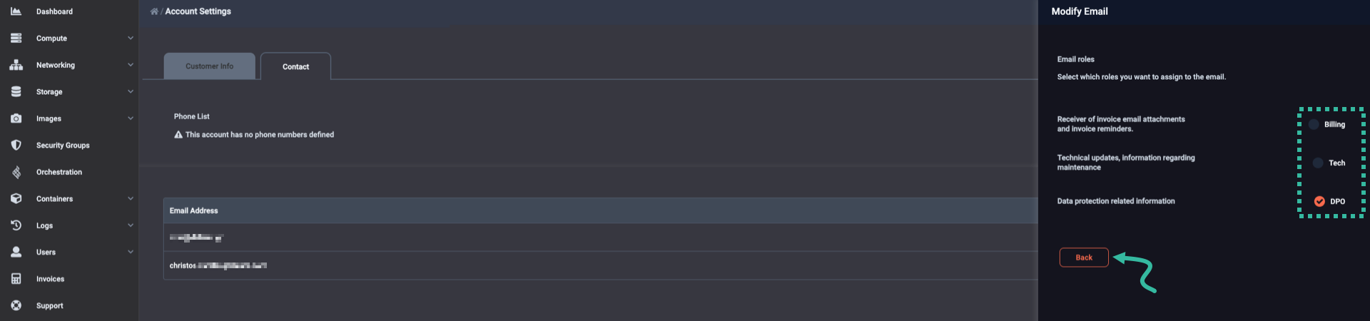 A 'Modify Email' dialog where you can choose one or more roles for your email address, showing the 'DPO' role enabled