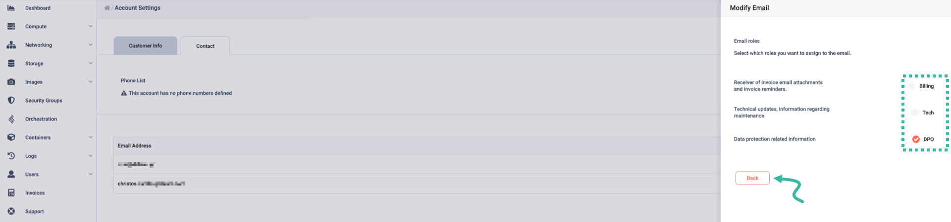 A 'Modify Email' dialog where you can choose one or more roles for your email address, showing the 'DPO' role enabled