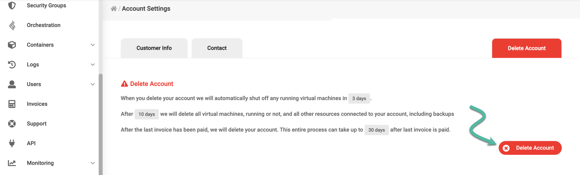 Delete account tab