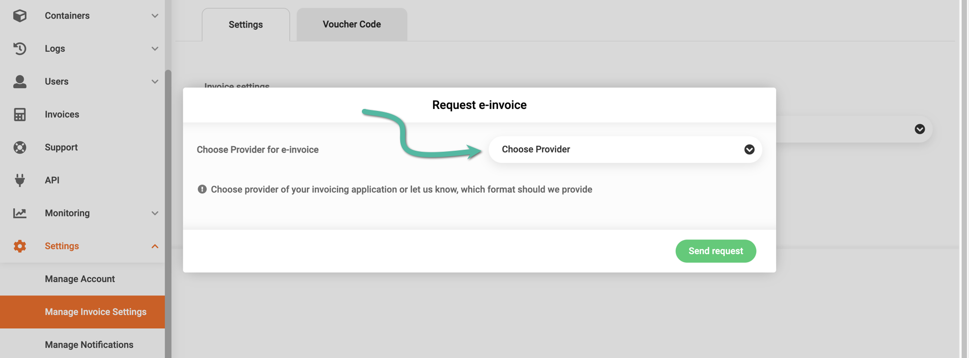Choose invoicing provider drop-down menu