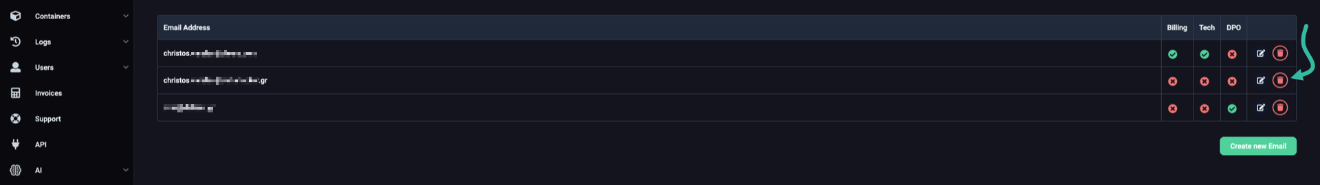 The 'Email Address' table with trash icons