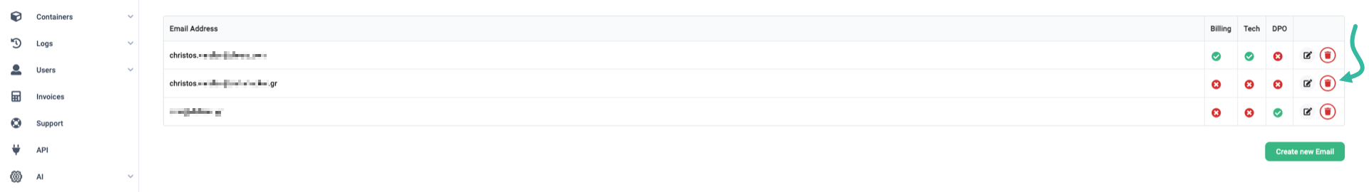 The 'Email Address' table with trash icons