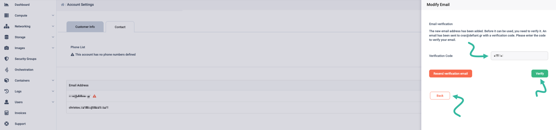 A 'Modify Email' dialog with a text box where you enter your verification code