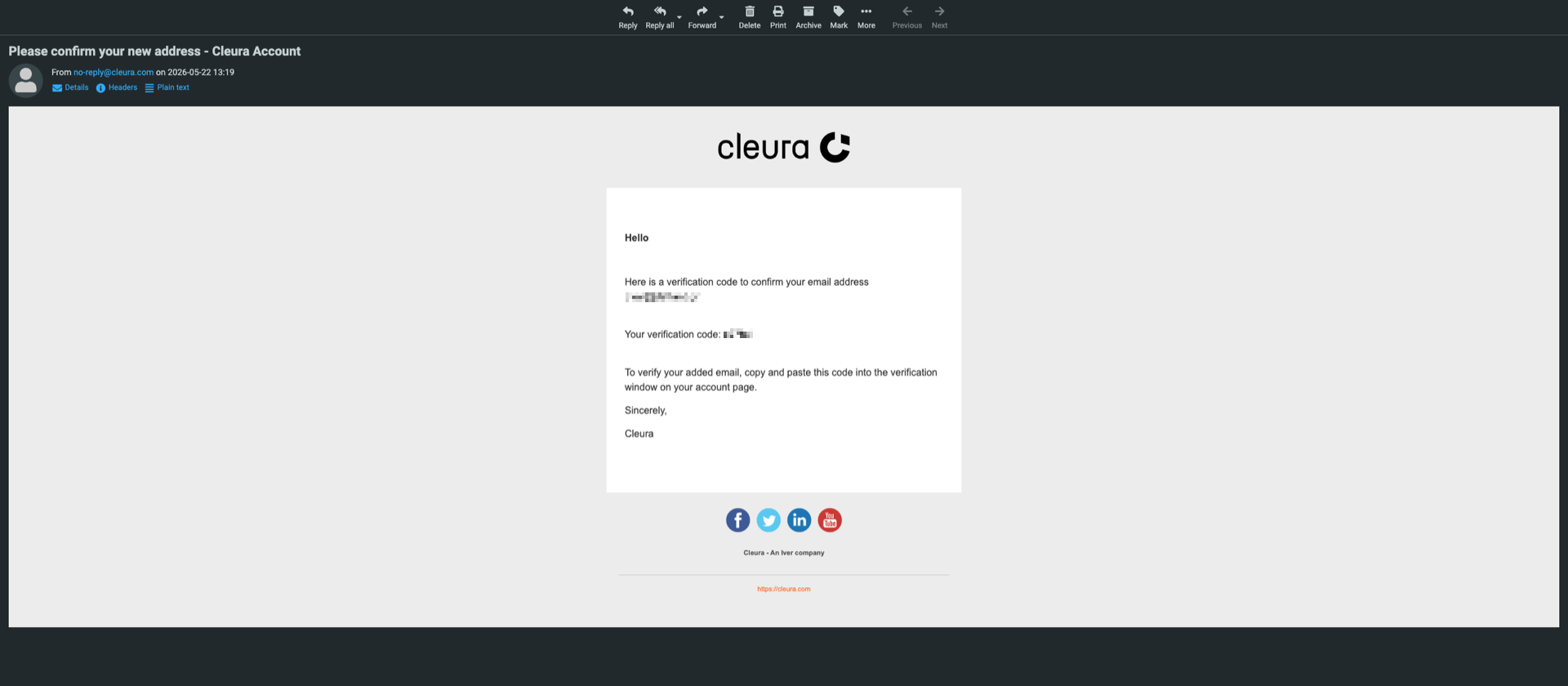 An example of a verification email with a verification code