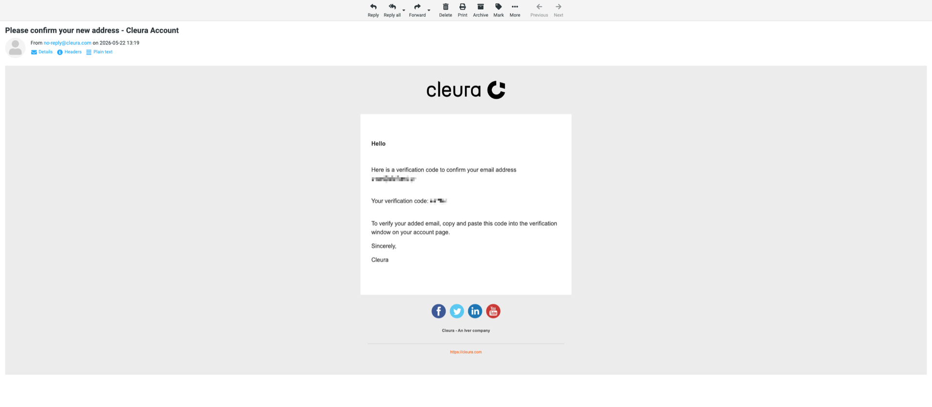 An example of a verification email with a verification code