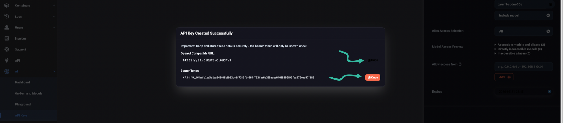 Get a copy of the API URL and the bearer token
