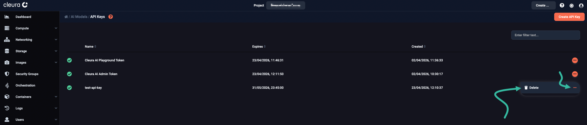 Locate the API key you wish to delete