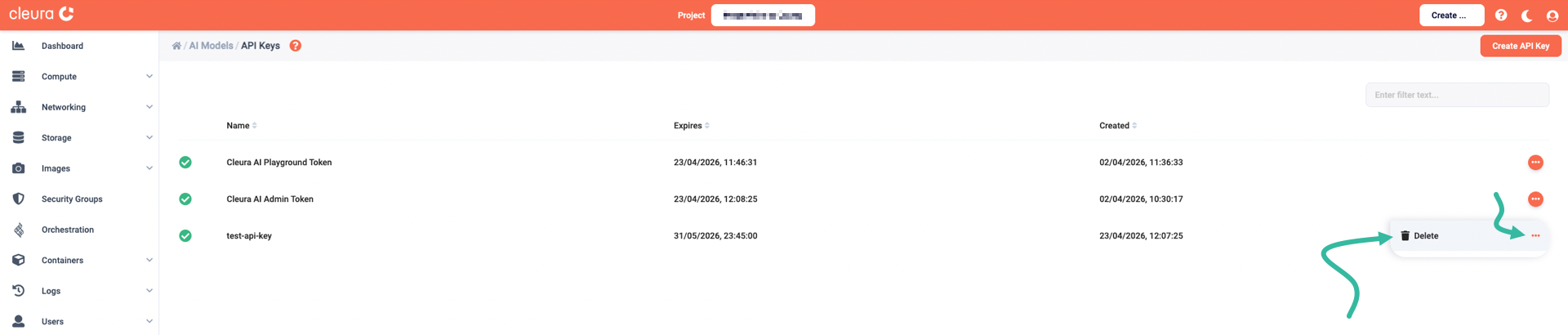 Locate the API key you wish to delete