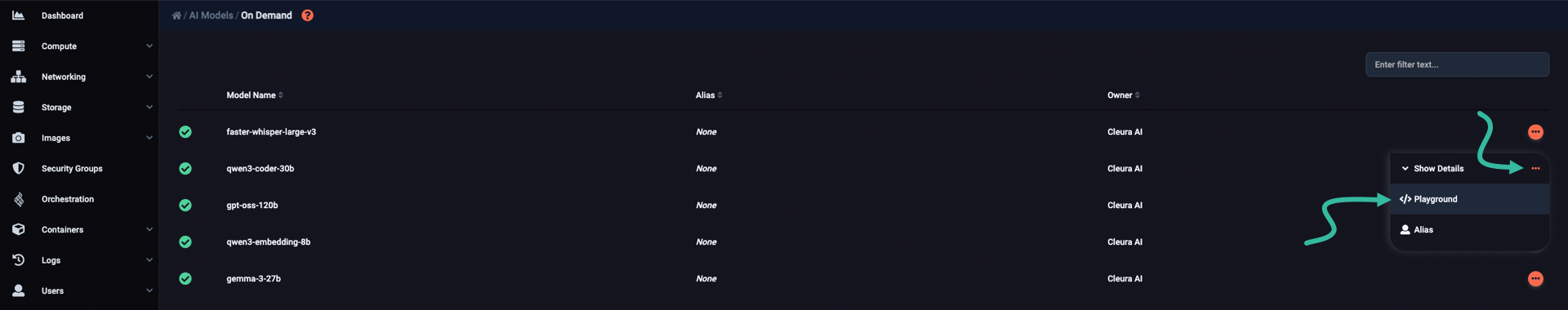 Select a model and go to the interactive playground
