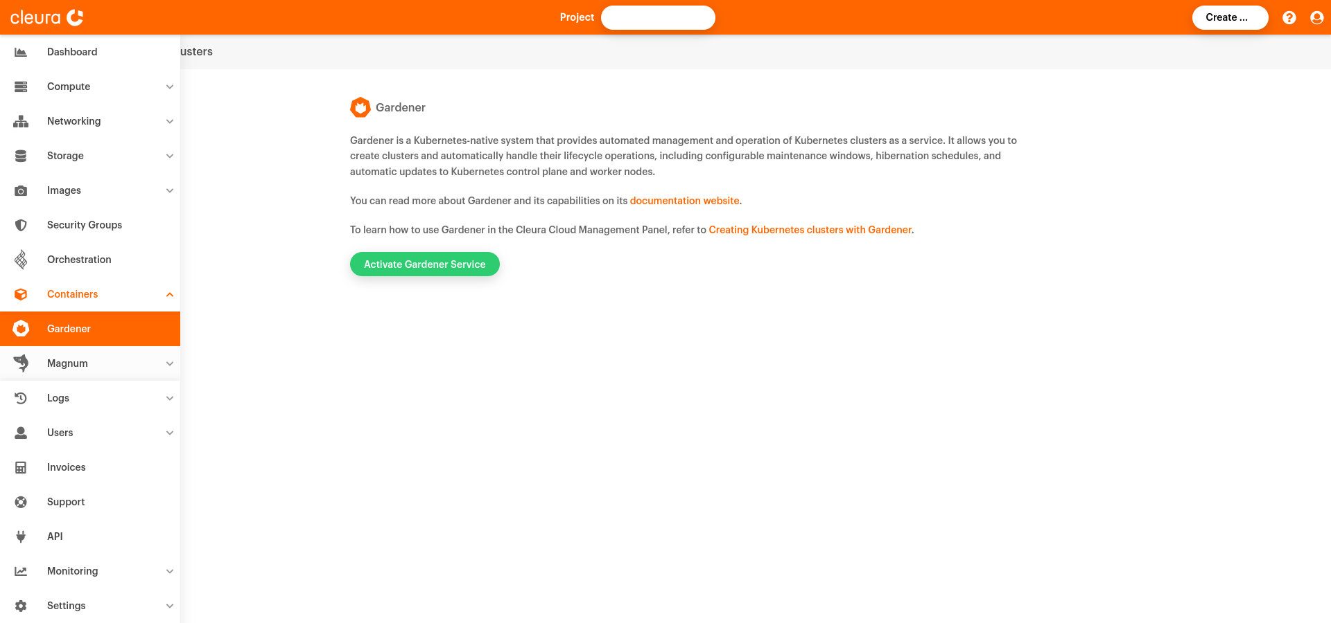 "Activate Gardener" dialog in Cleura Cloud Management Panel