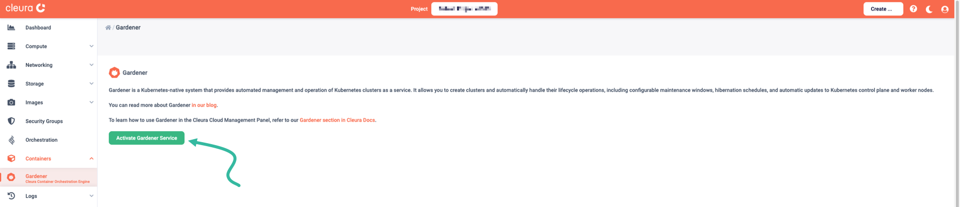 "Activate Gardener" dialog in Cleura&nbsp;Cloud Management&nbsp;Panel