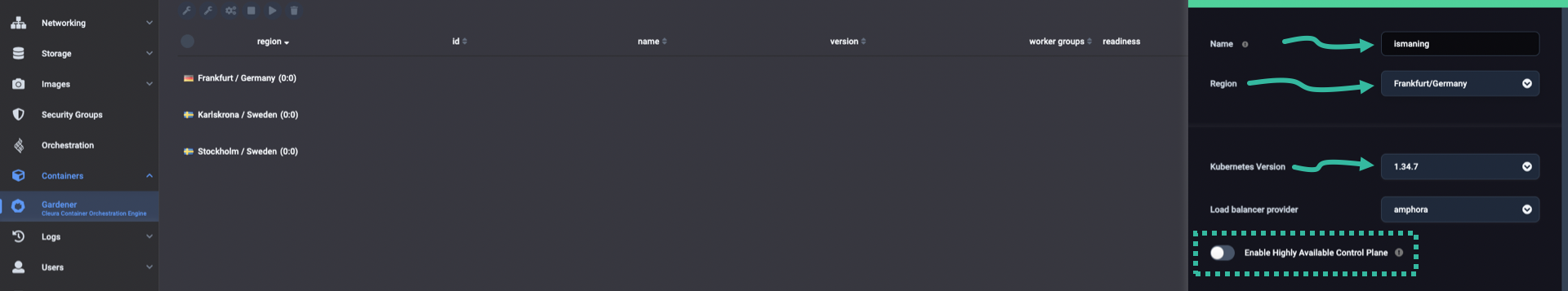 Create Gardener Shoot Cluster panel, showing options to type in a cluster name, select a region, set the Kubernetes version, and turn on HA for the control plane