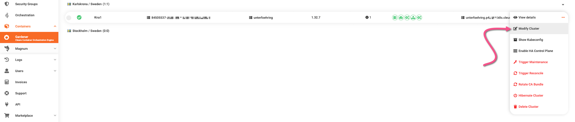 Select the option for modifying a cluster