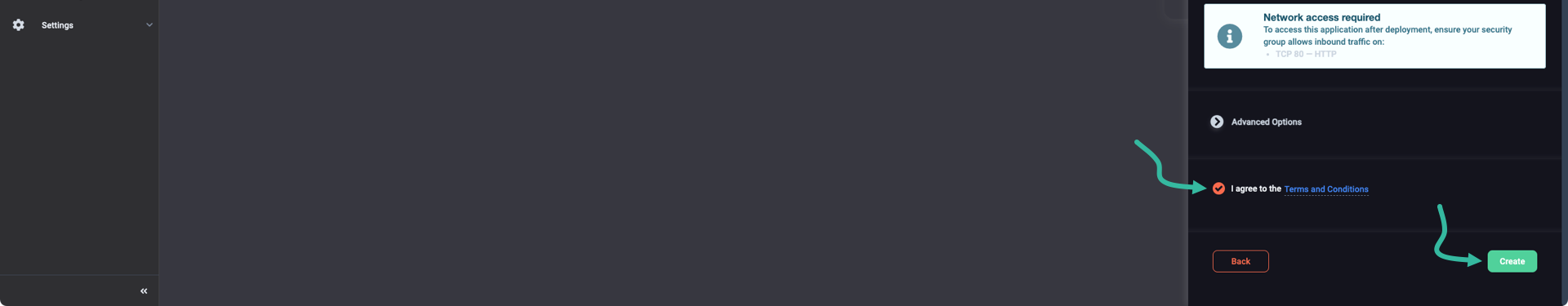 Read and agree to the terms and conditions before deploying