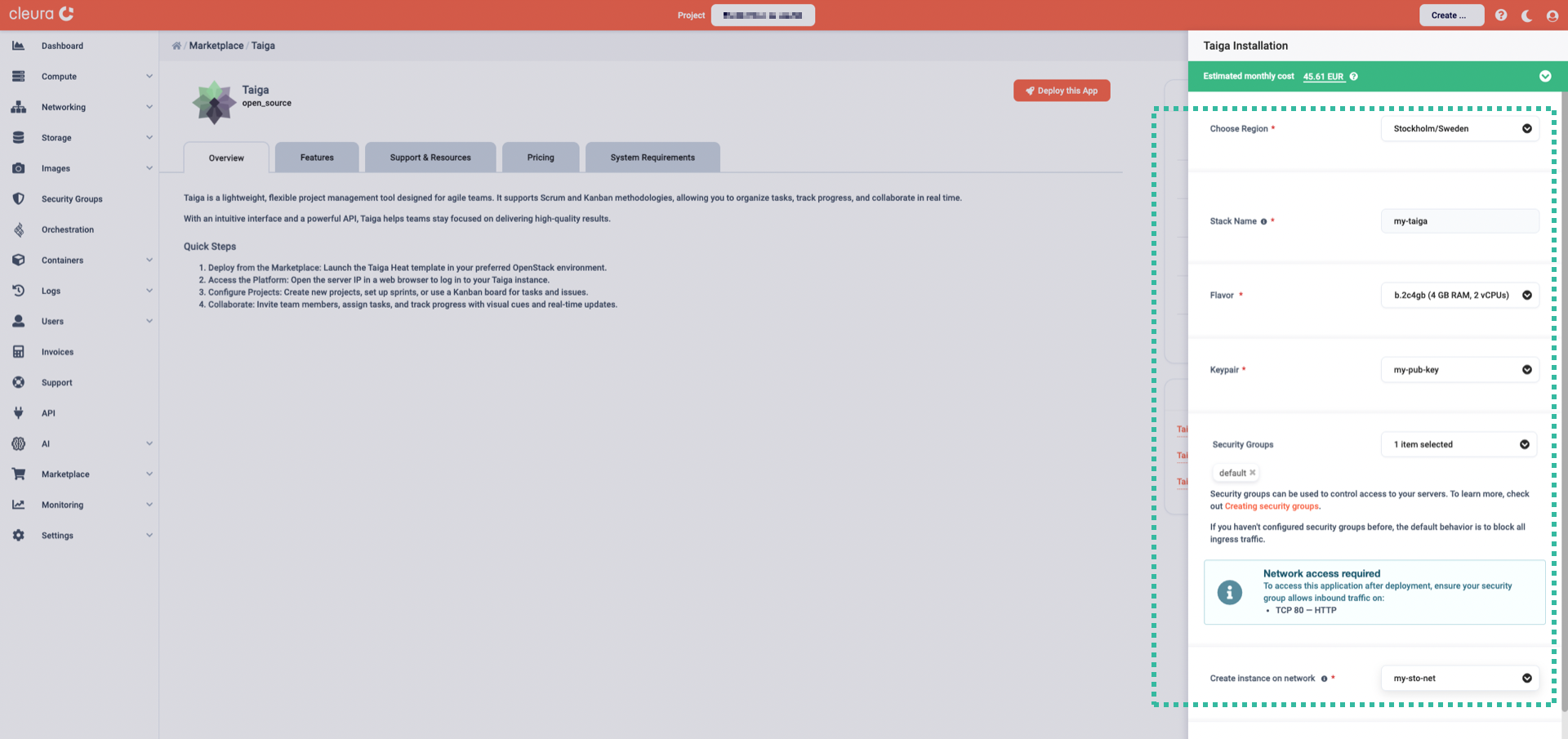 Specify the characteristics of the particular Taiga deployment