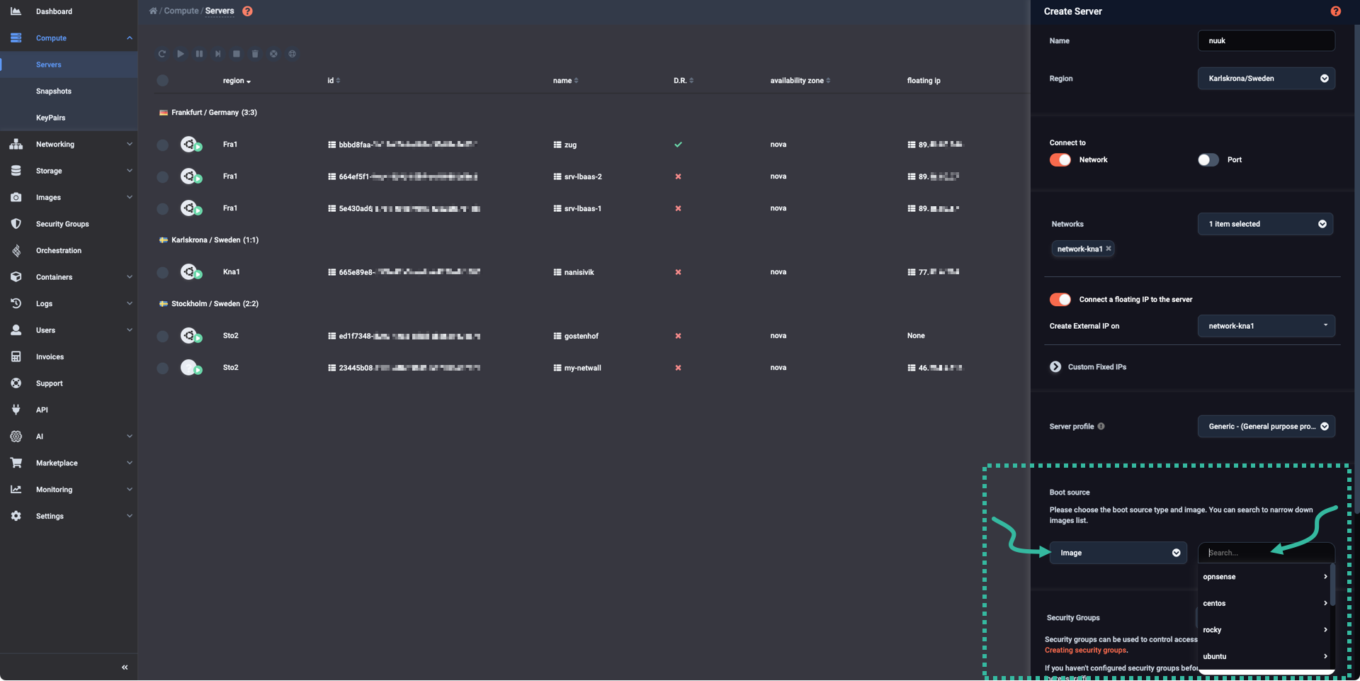 A panel displaying the images sorted by operating system during server creation.