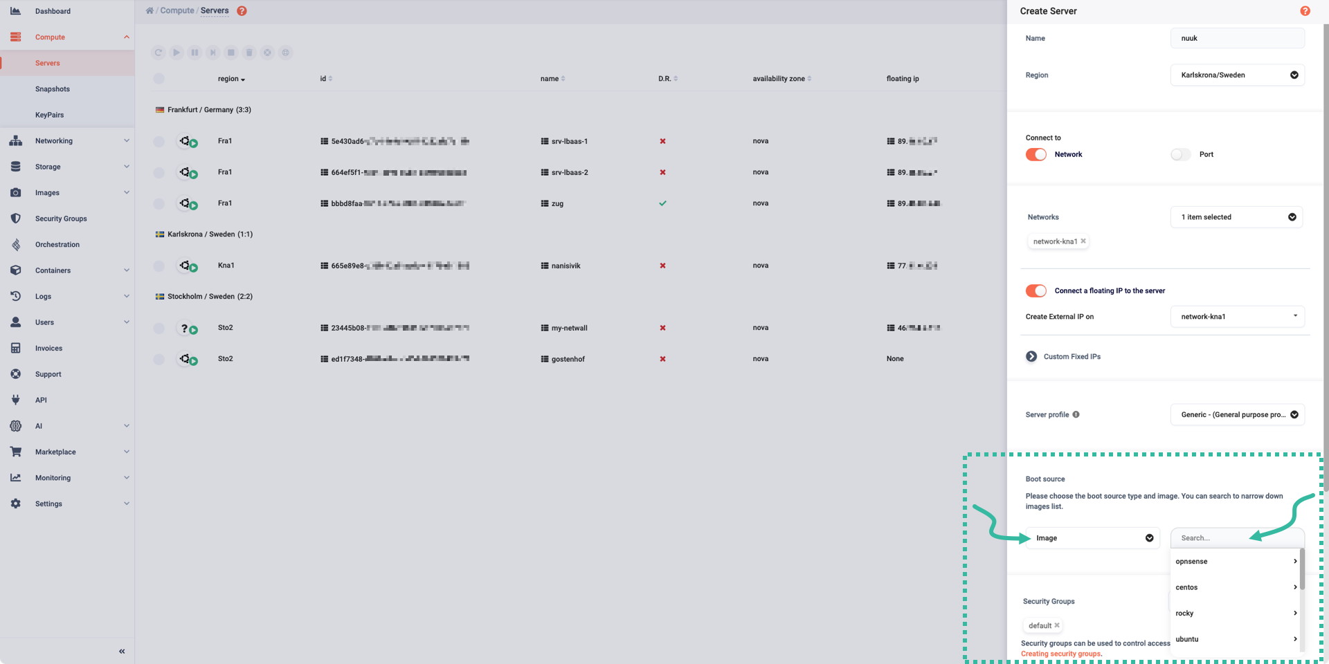 A panel displaying the images sorted by operating system during server creation.