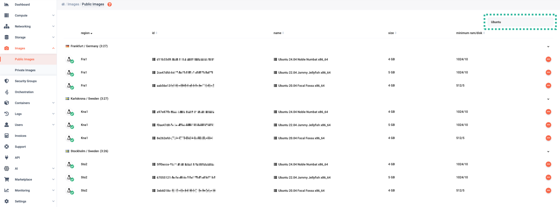 A public images panel that uses filtering of images by name to show all Ubuntu images in all regions.