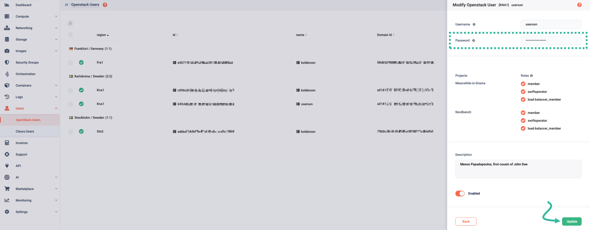 Change password of OpenStack user