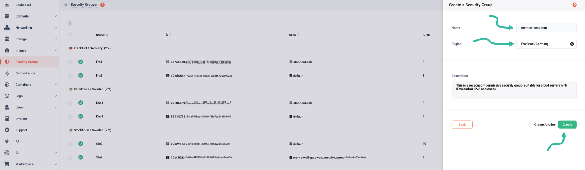 Setting parameters for the new security group