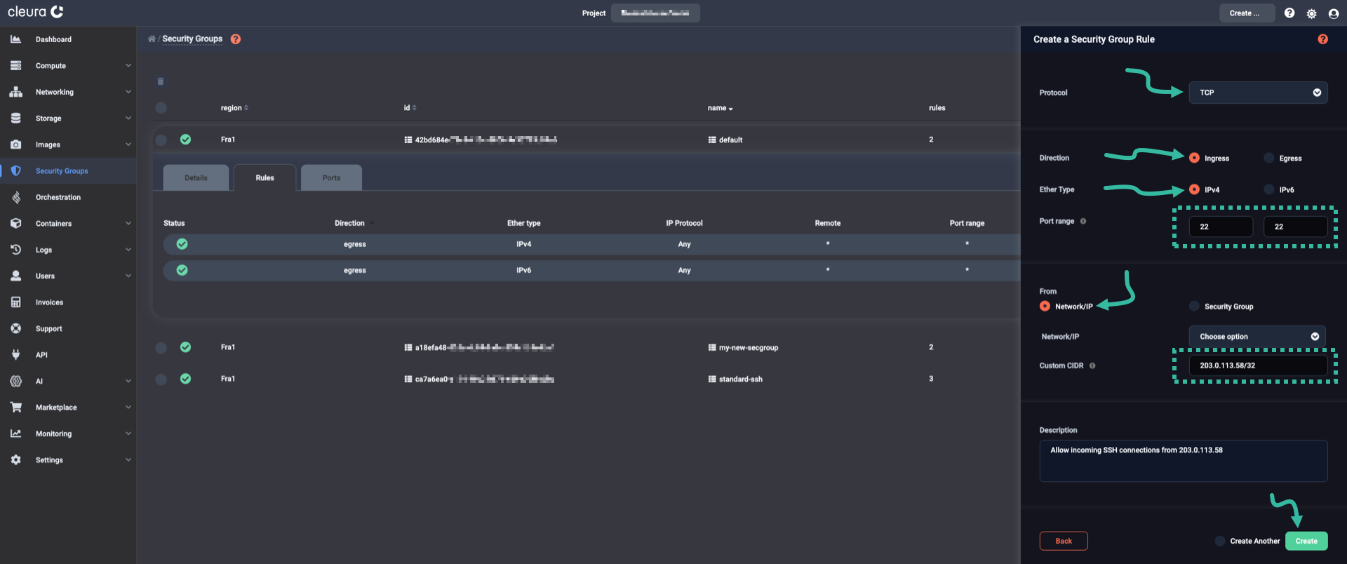 Create ingress rule for IPv4 SSH connections